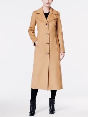 NEW Anne Klein Cashmere Wool Single-Breasted Button Long Maxi Coat Camel Tan